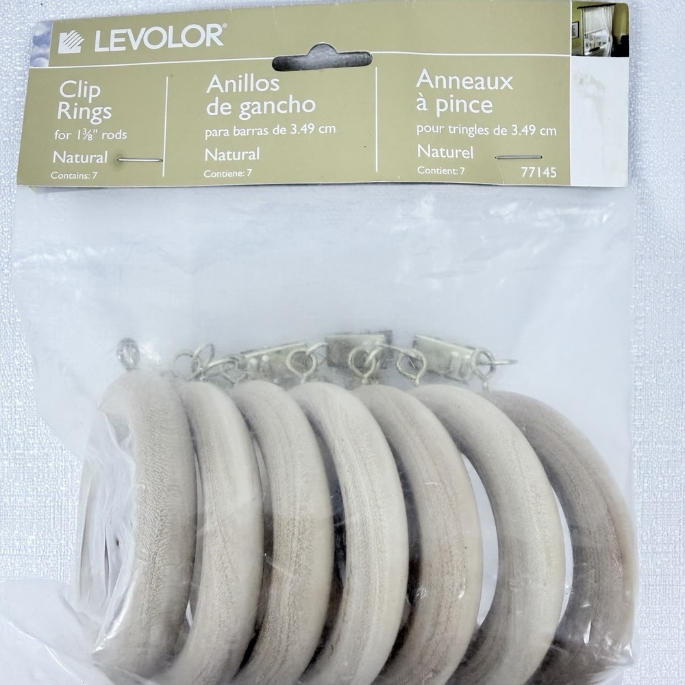 LEVOLOR Wooden Clip RINGS For 1-3/8" Curtain Rod Natural Color Pack of 7 NOS